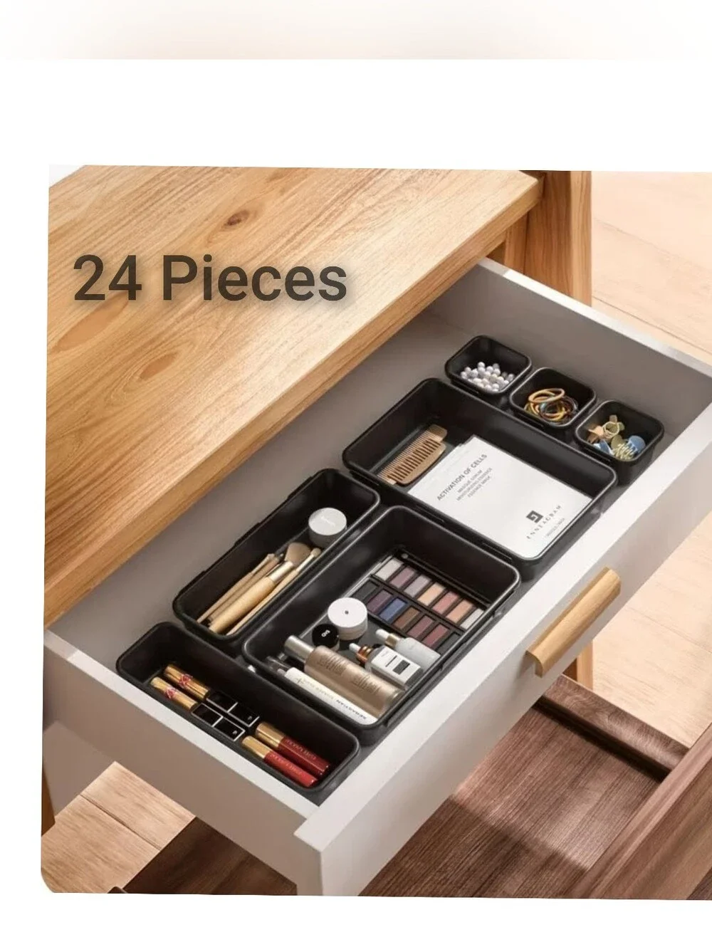 24-Piece Black Drawer Organizer Set for Home Storage